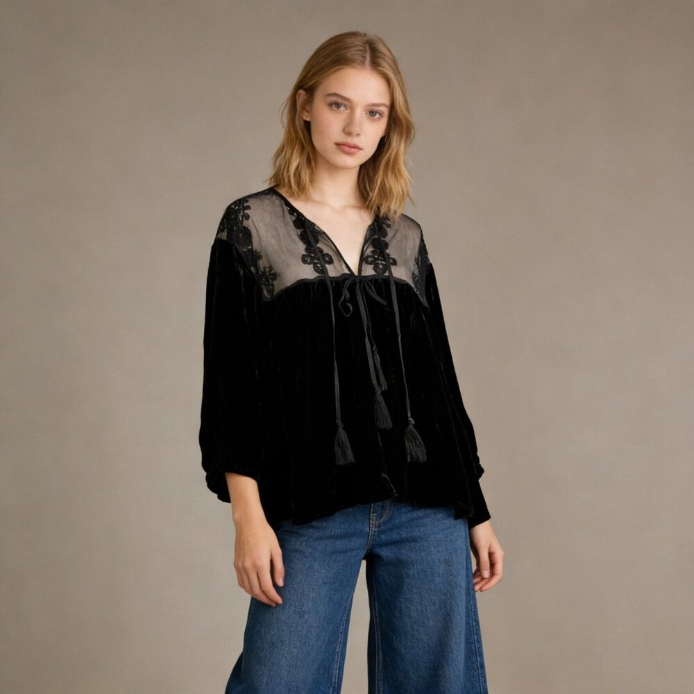 NWOT Johnny Was 4 Love and Liberty Velvet Silk Blend Shirt Blouse Size S